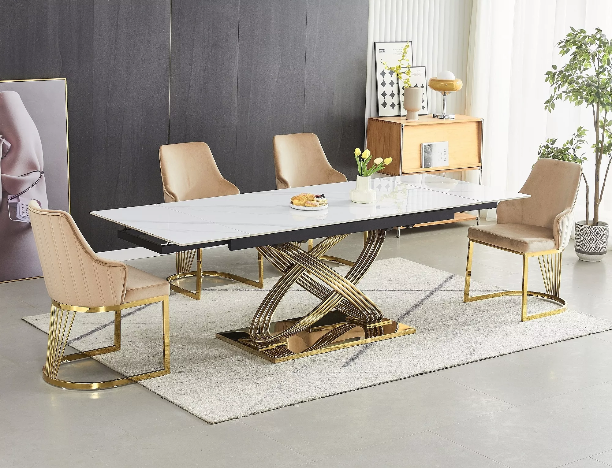 Jedálenský rozkladací stôl Hermes II, 160-240cm, biely lesk, mramorový efekt / zlatá