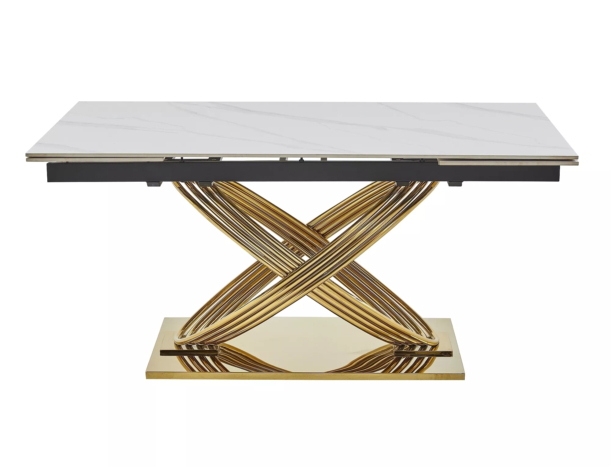 Jedálenský rozkladací stôl Hermes II, 160-240cm, biely lesk, mramorový efekt / zlatá