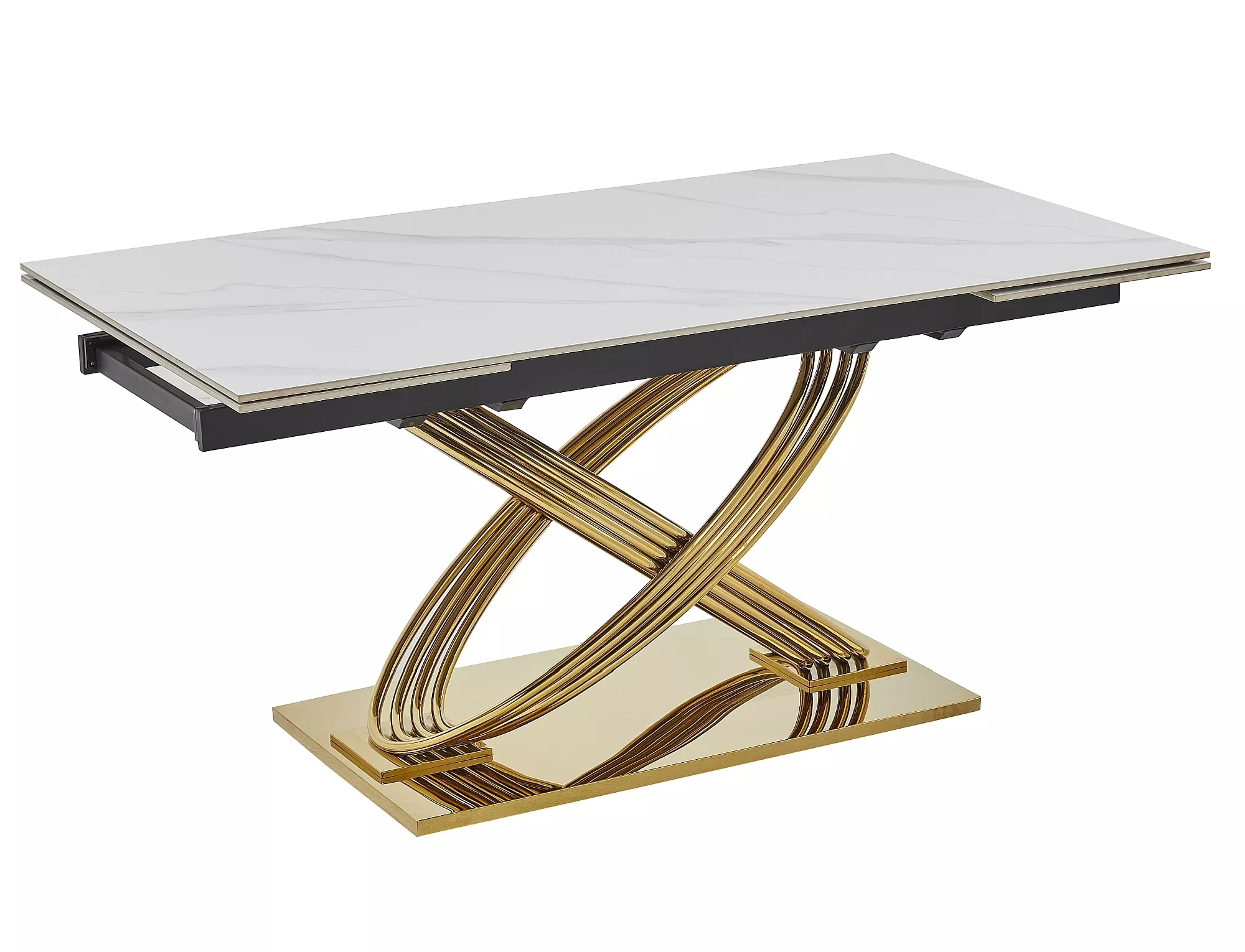 Jedálenský rozkladací stôl Hermes II, 160-240cm, biely lesk, mramorový efekt / zlatá