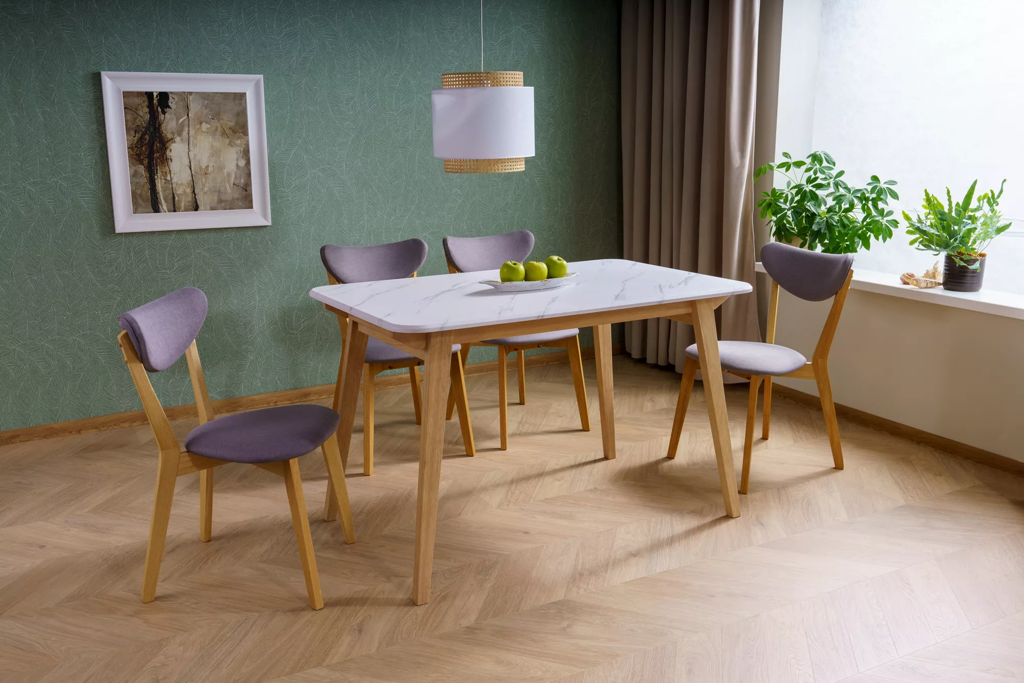 Jedálenský stôl Marcus,  biela, mramorový efekt / dub