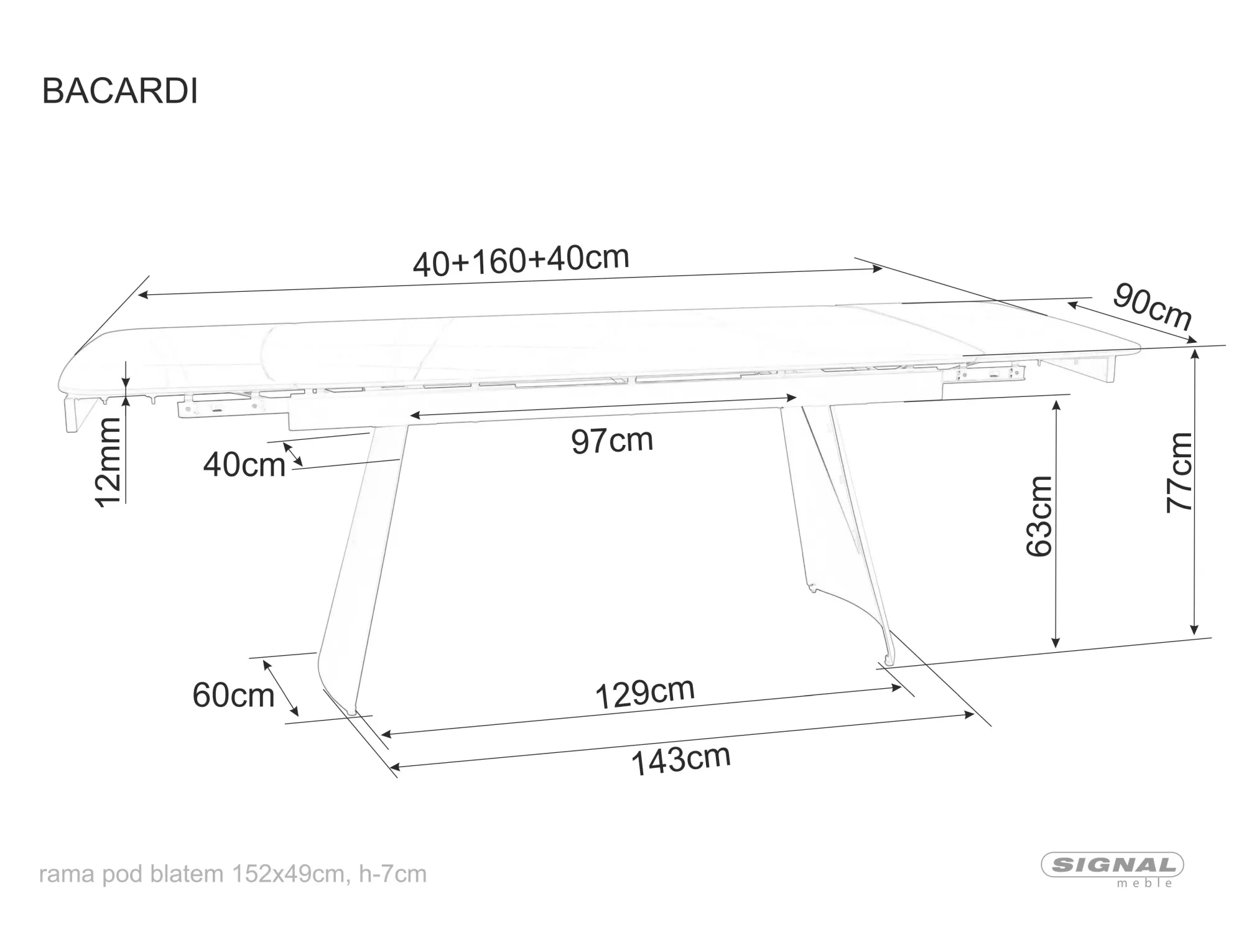 Jedálenský rozkladací stôl Bacardi, 160-240cm, matná čierna / matná čierna
