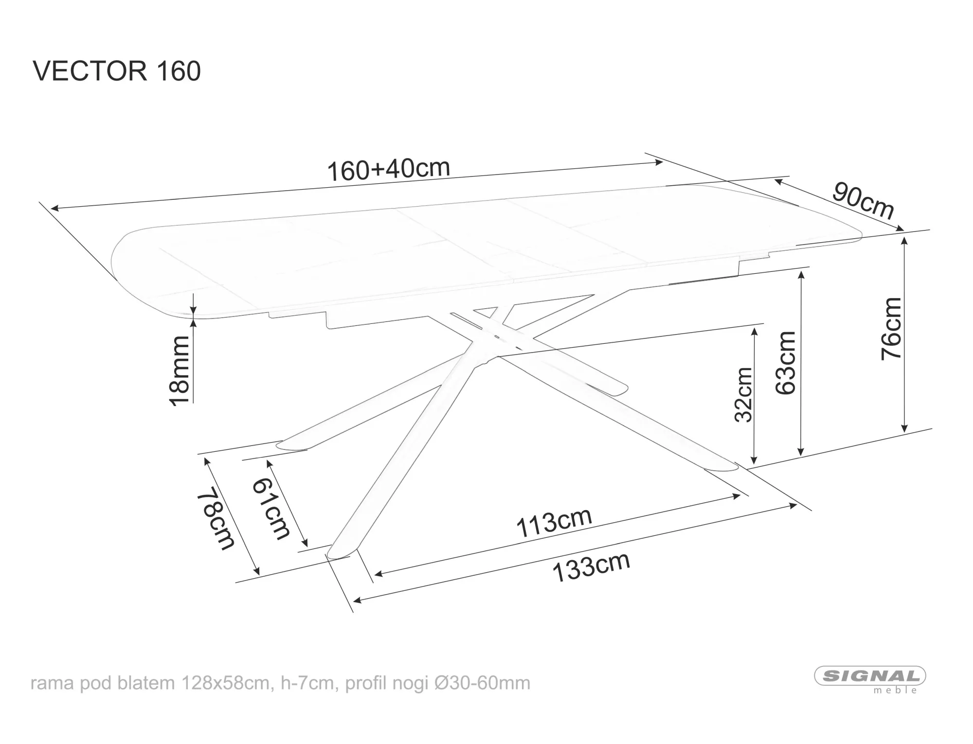 Jedálenský rozkladací stôl Vector, 160-200cm, matná čierna/matná čierna