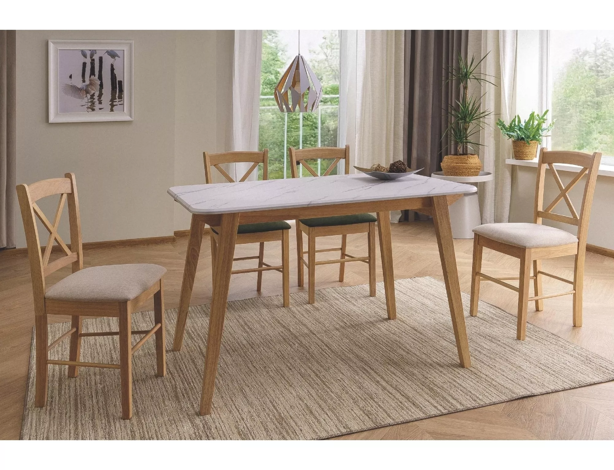 Jedálenský stôl Marcus,  biela, mramorový efekt / dub