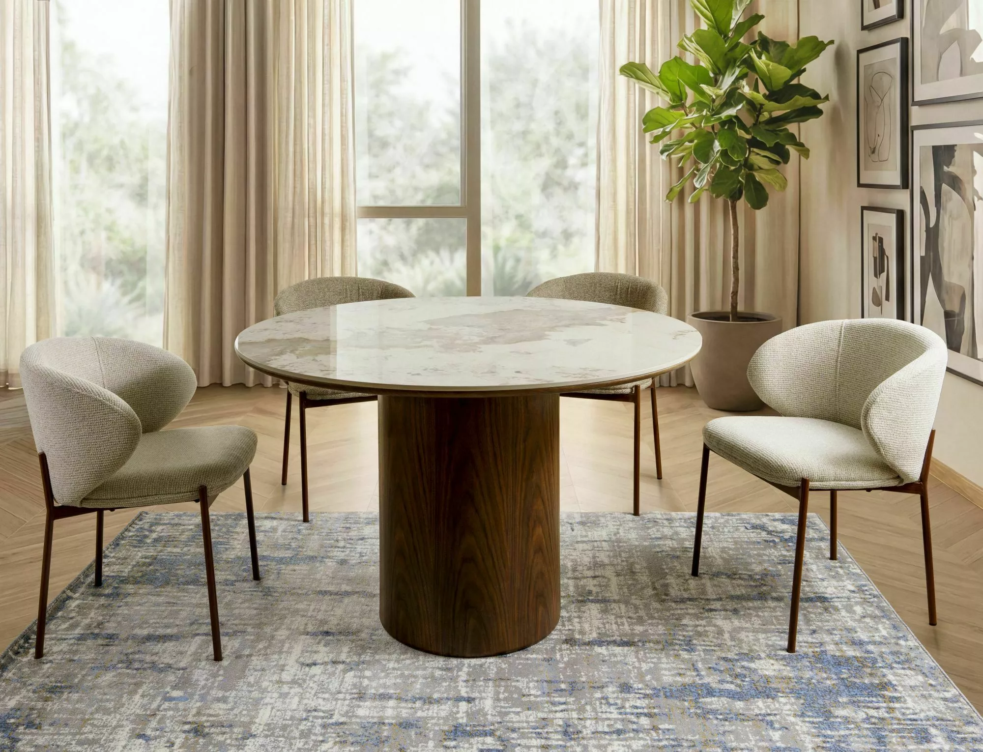 Keramický jedálenský stôl Rondo 120, lesklá biela/orech