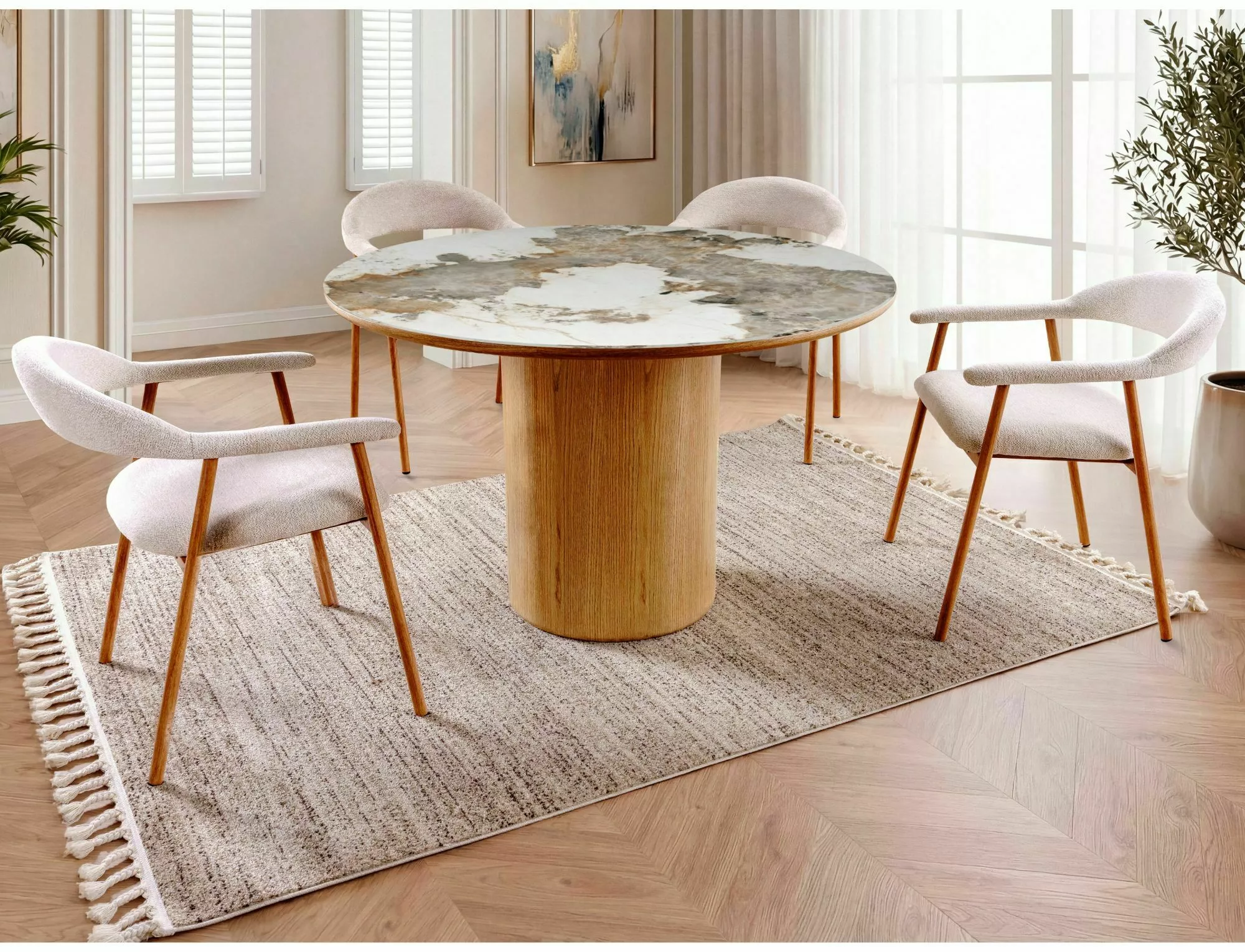 Keramický jedálenský stôl Rondo 120, biela leskla/dub