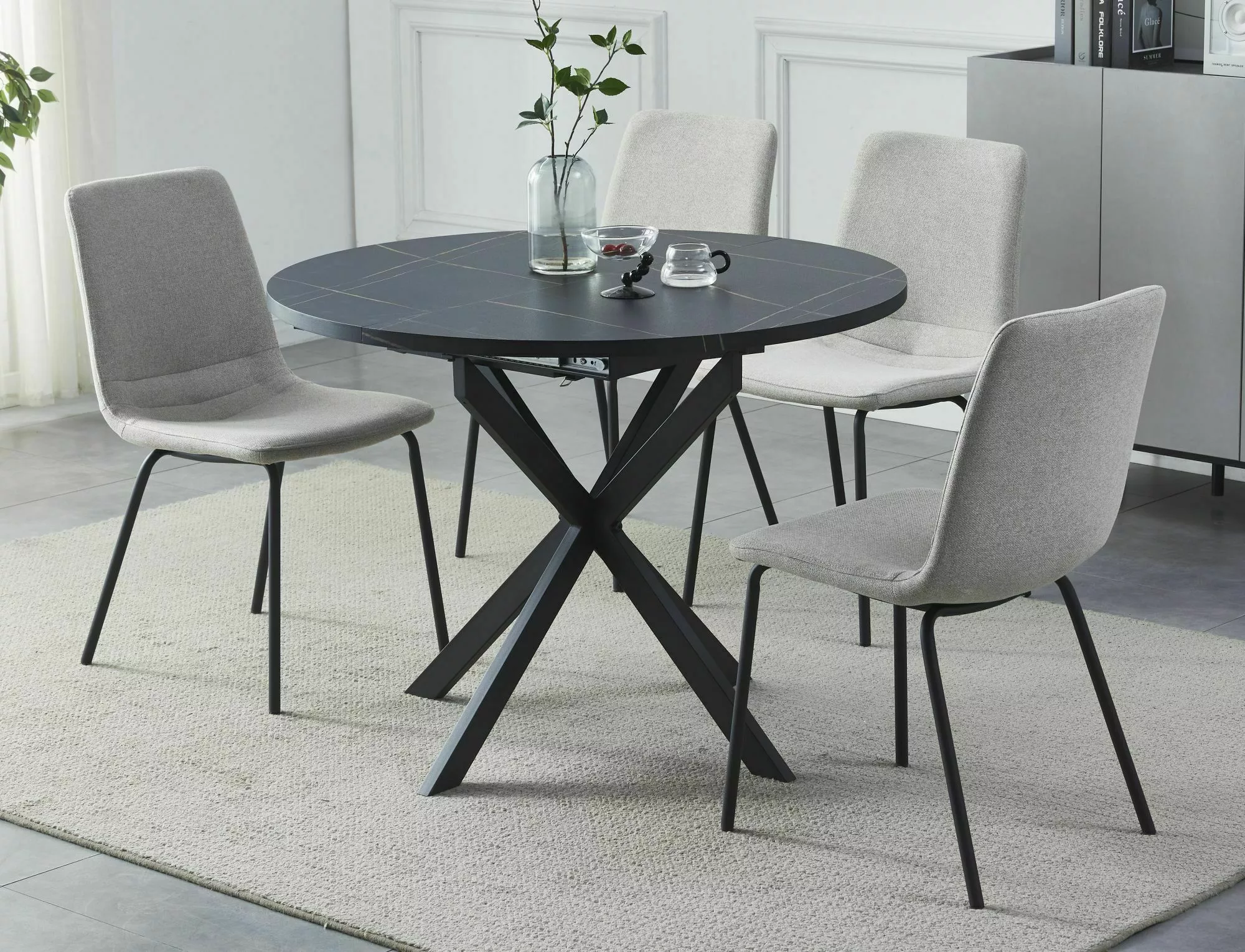 GASTON stôl jedálenský 100(135)x100cm, čierny efekt mramoru/čierny