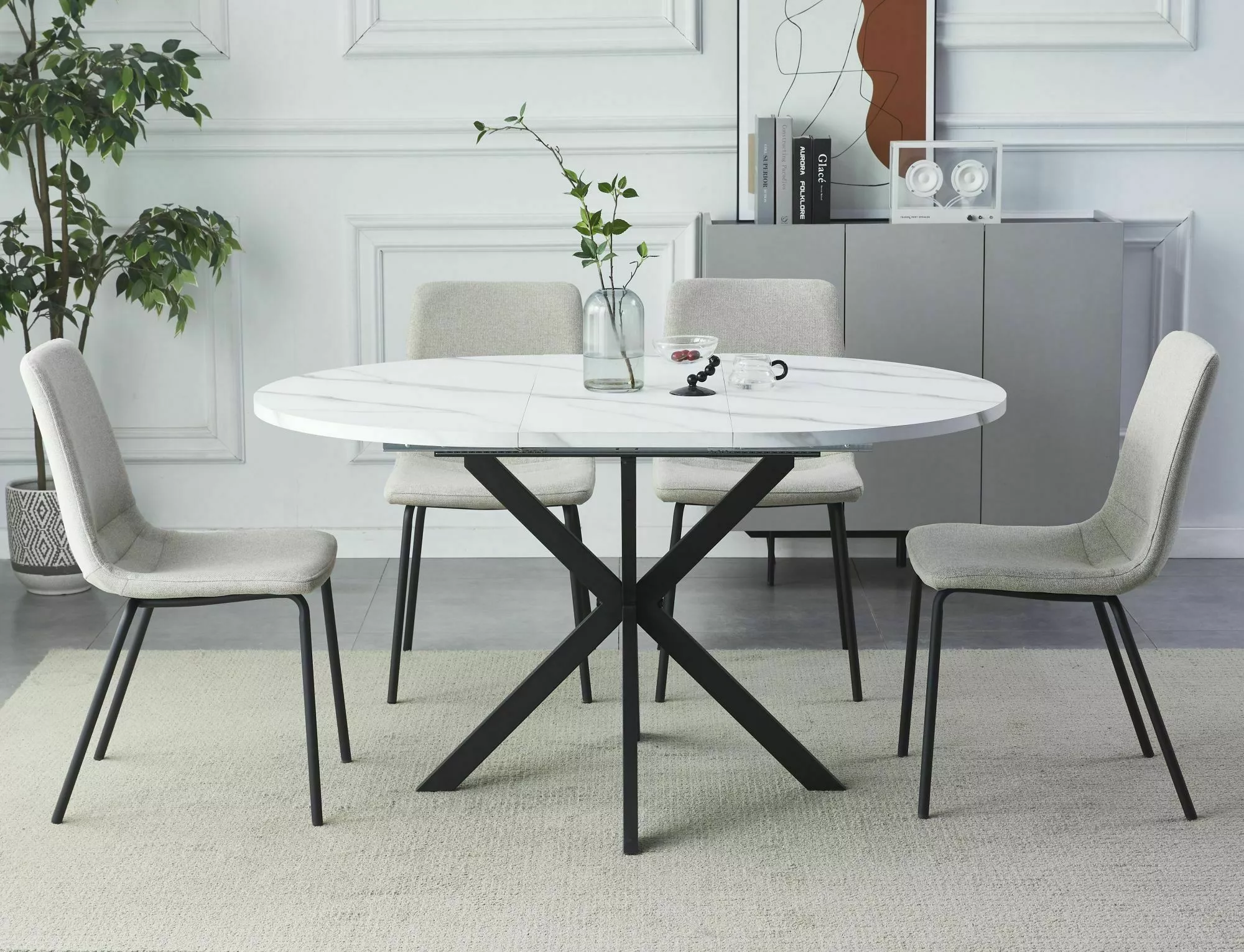 GASTON stôl jedálenský 100(135)x100cm, biely efekt mramoru/čierny