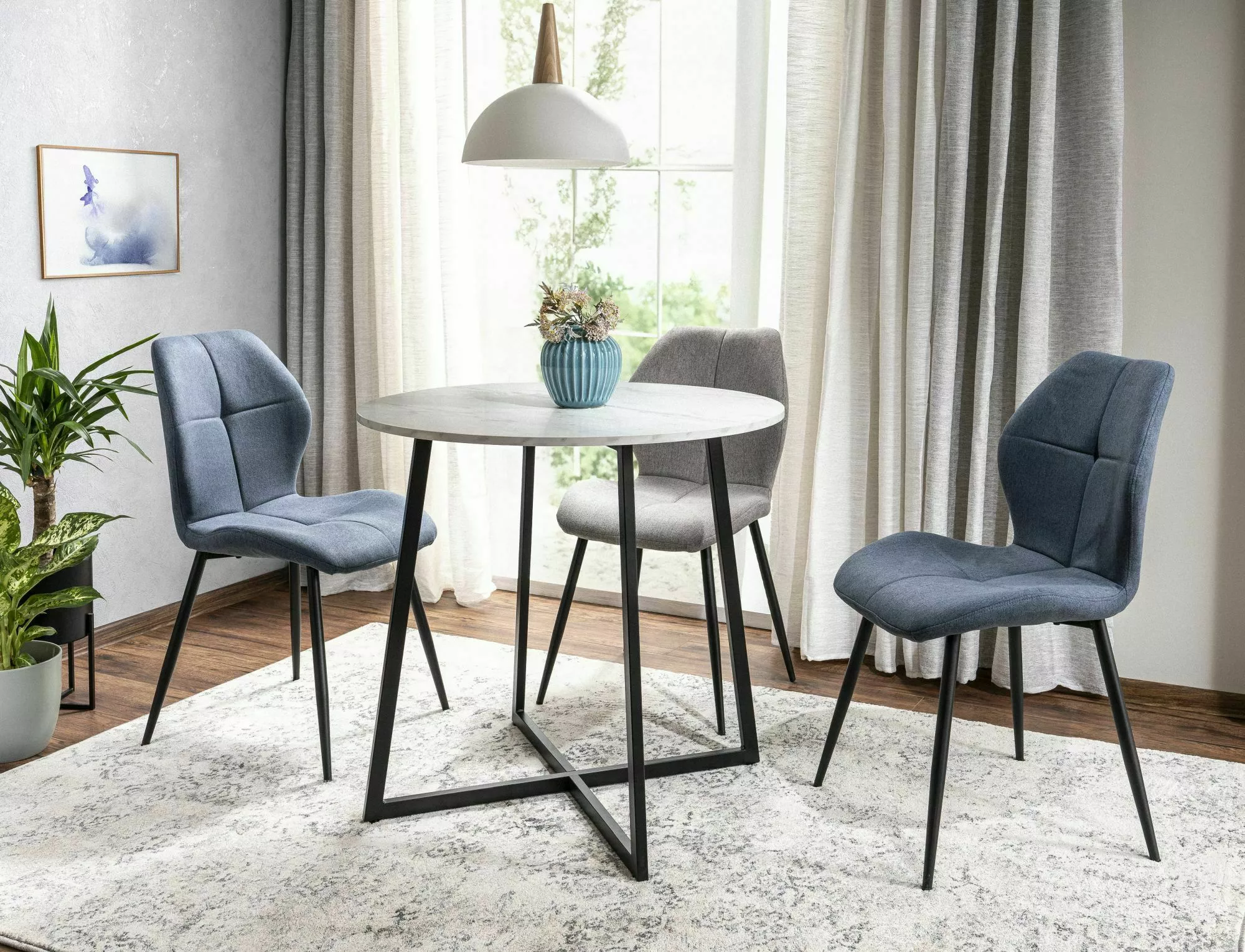 LUNA stôl, priemer 90 cm, biely efekt mramoru/čierna