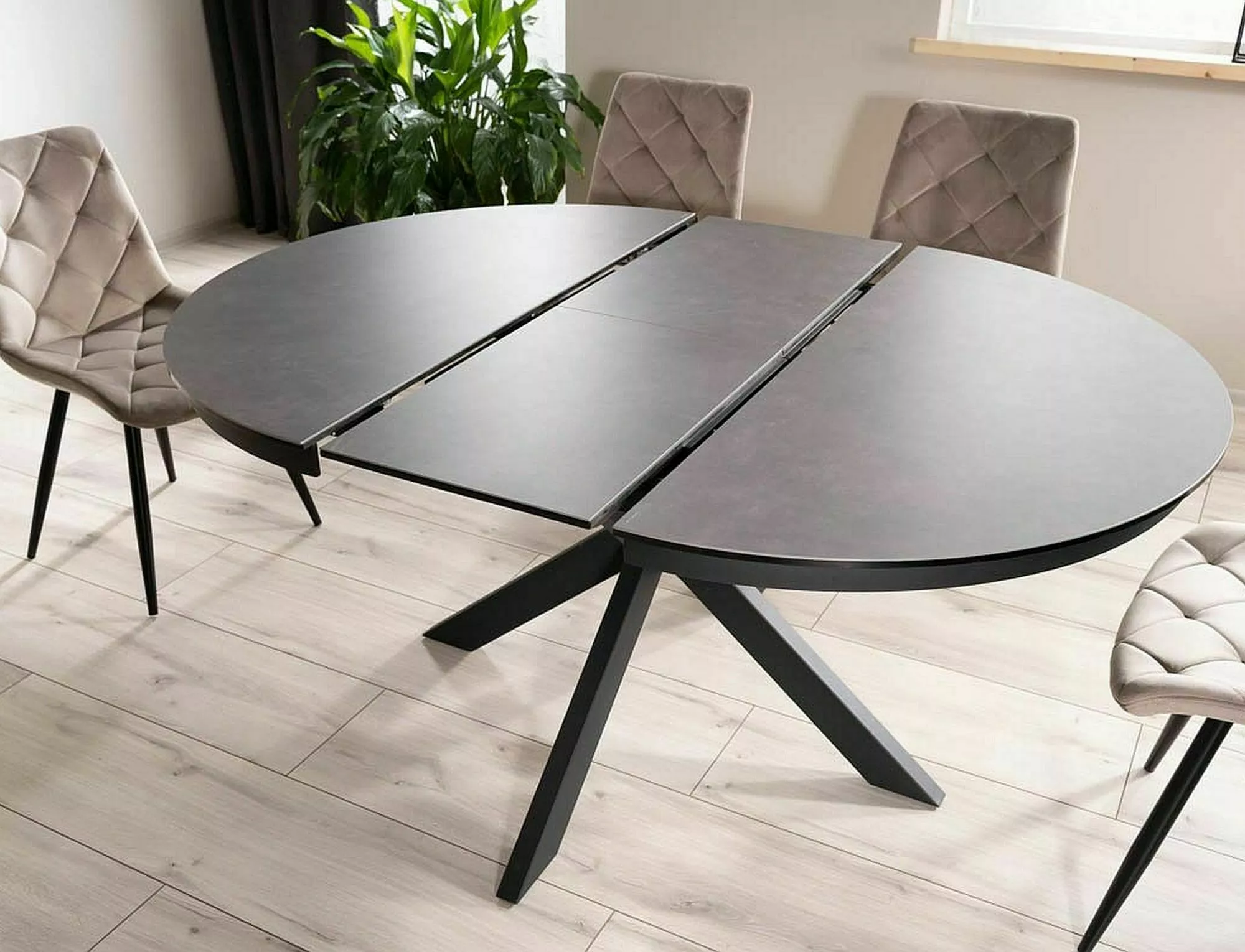 PORTO CERAMIC jedálenský stôl TMAVOSIVÝ MRAMOROVÝ EFEKT/MATNÁ ČIERNA 120(160)X120