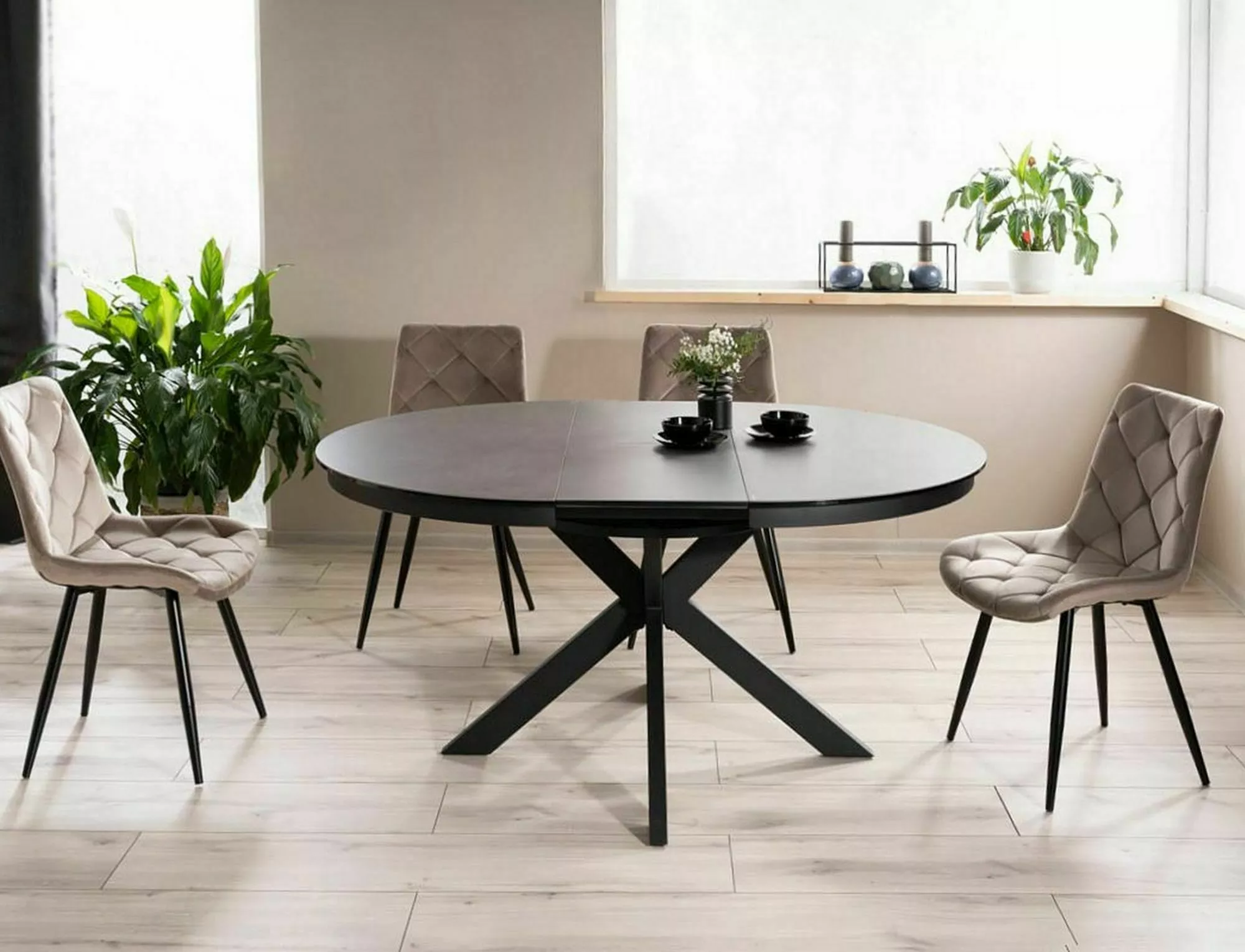 PORTO CERAMIC jedálenský stôl TMAVOSIVÝ MRAMOROVÝ EFEKT/MATNÁ ČIERNA 120(160)X120