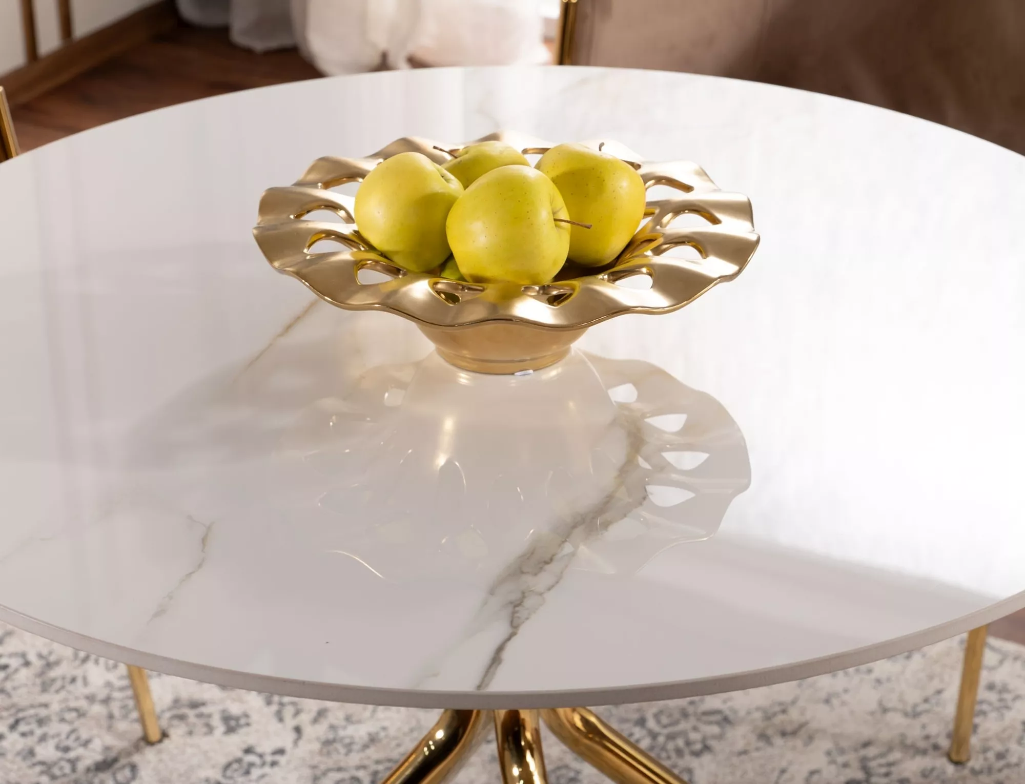 AZALIA jedálenský stôl, pr. 90 cm, keramika biela/zlatá