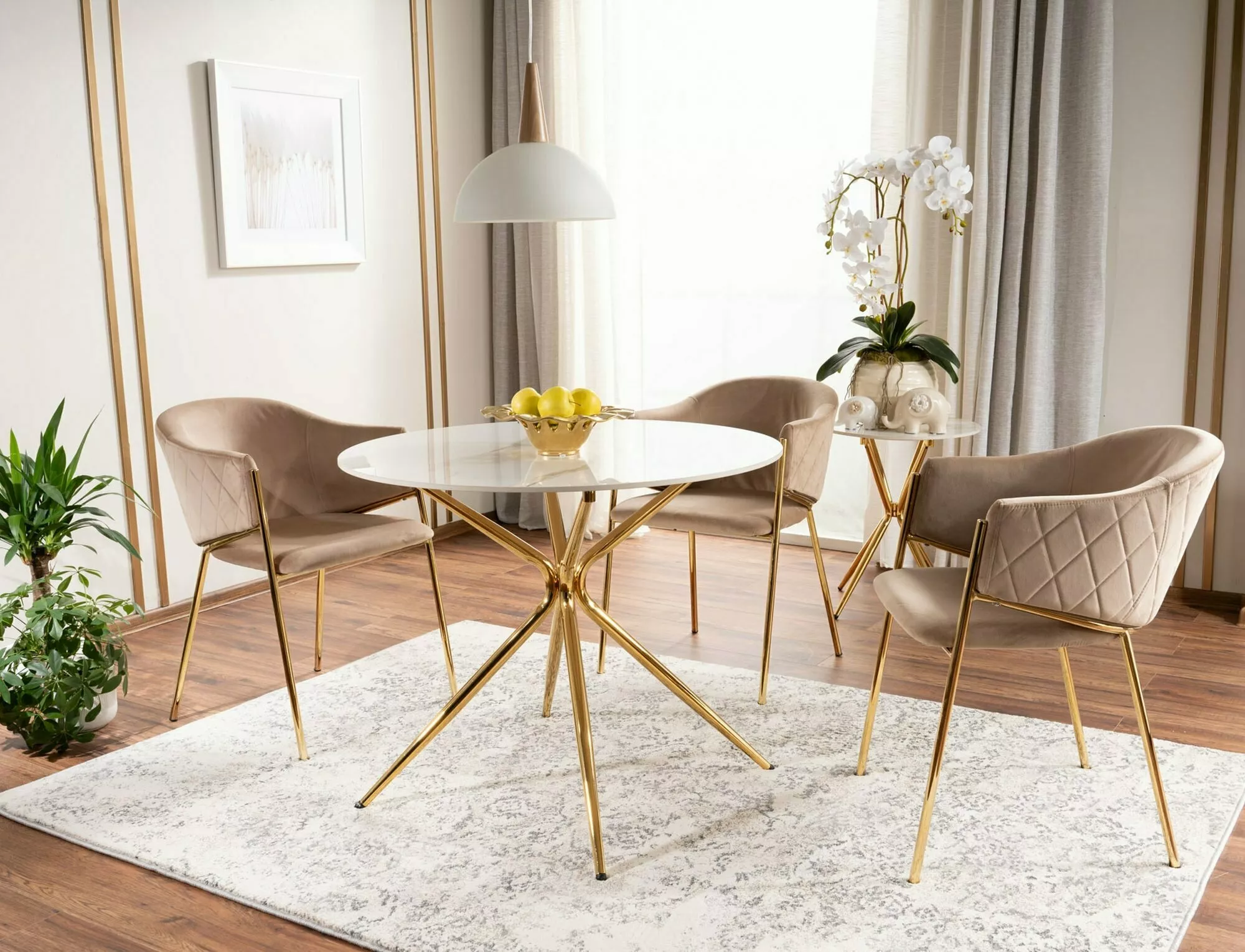 AZALIA jedálenský stôl, pr. 90 cm, keramika biela/zlatá