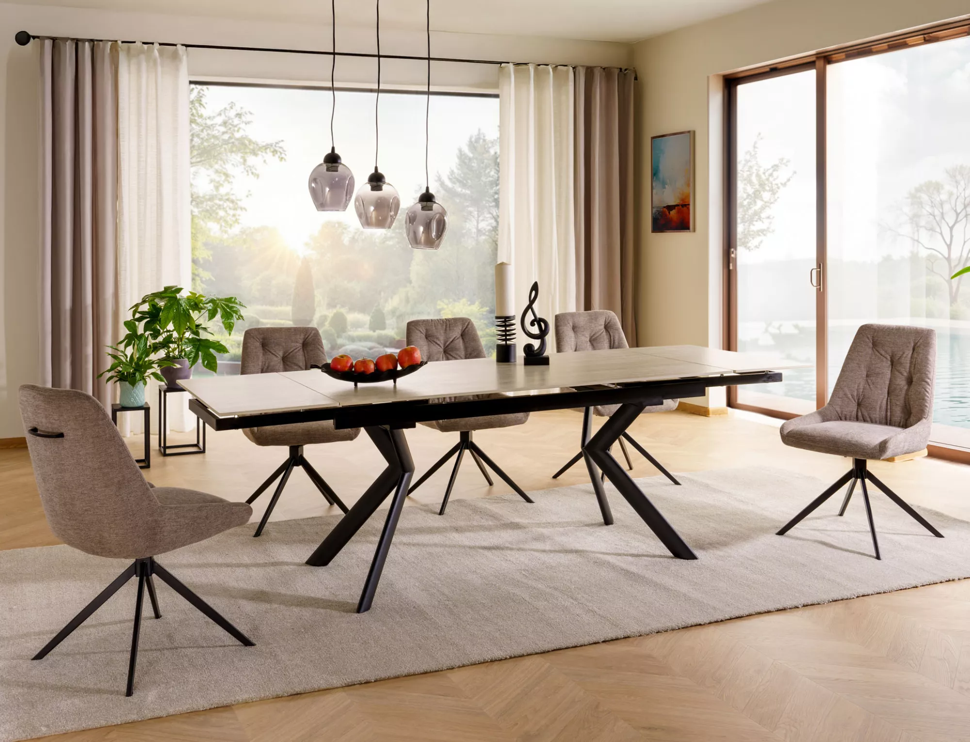 Jedálenský rozkladací stôl Norton, 160-240cm, travertín matná béžová/čierna